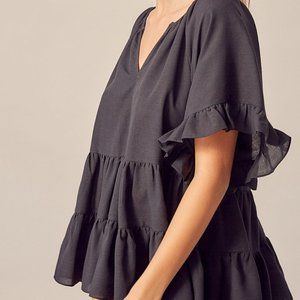 Ladies Black Tiered Ruffle Swing Babydoll Oversize Tunic Top - FINAL CLEARANCE